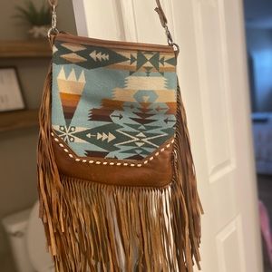 Handmade leather fringe Pendleton wool crossbody purse